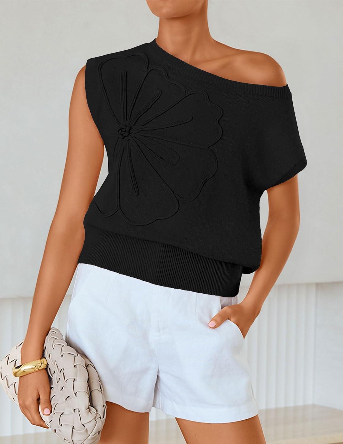 imageZESICA Womens Summer Off Shoulder Floral Sweaters 2026 Cap Sleeve Loose Knit Cute Pullover Tops Trendy ClothesBlack