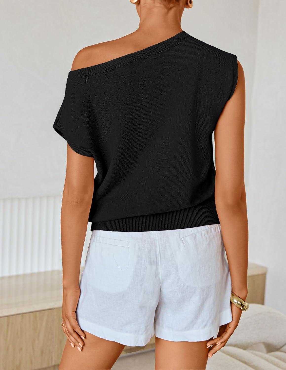 imageZESICA Womens Summer Off Shoulder Floral Sweaters 2026 Cap Sleeve Loose Knit Cute Pullover Tops Trendy ClothesBlack