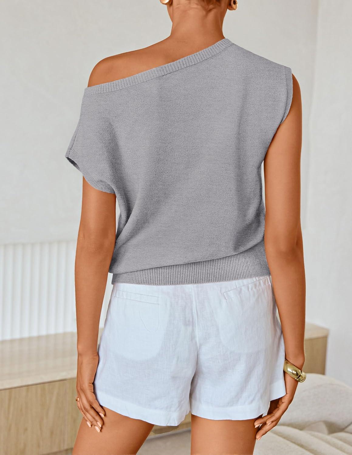 imageZESICA Womens Summer Off Shoulder Floral Sweaters 2026 Cap Sleeve Loose Knit Cute Pullover Tops Trendy ClothesGrey