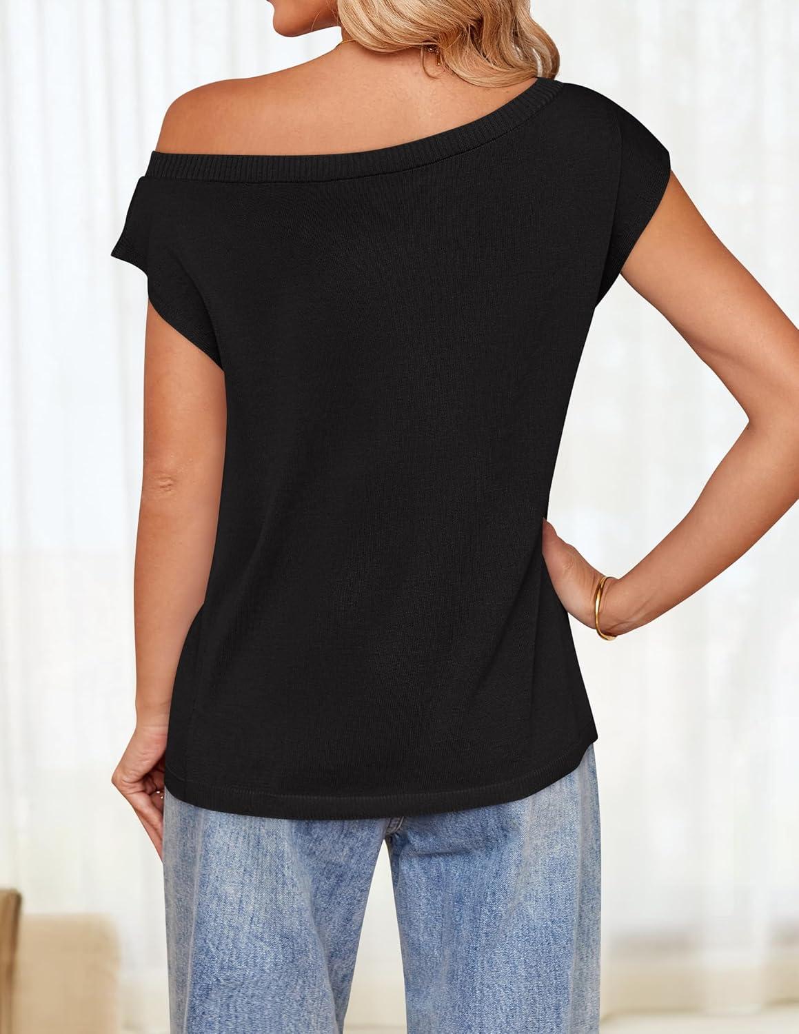 imageZESICA Womens Summer Off The Shoulder Knit Tops 2026 Casual Short Sleeve Oversized ShirtBlack