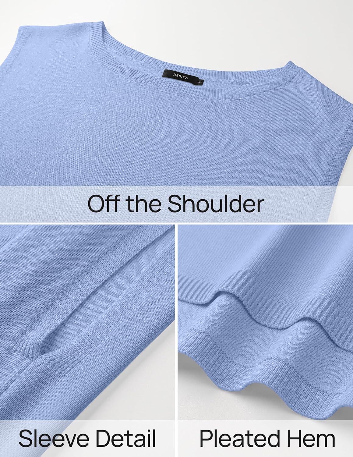 imageZESICA Womens Summer Off The Shoulder Knit Tops 2026 Casual Short Sleeve Oversized ShirtBlue