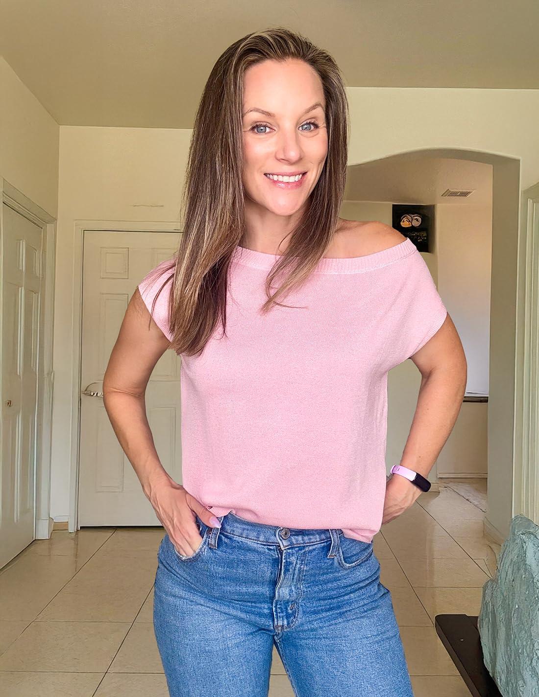 imageZESICA Womens Summer Off The Shoulder Knit Tops 2026 Casual Short Sleeve Oversized ShirtPink