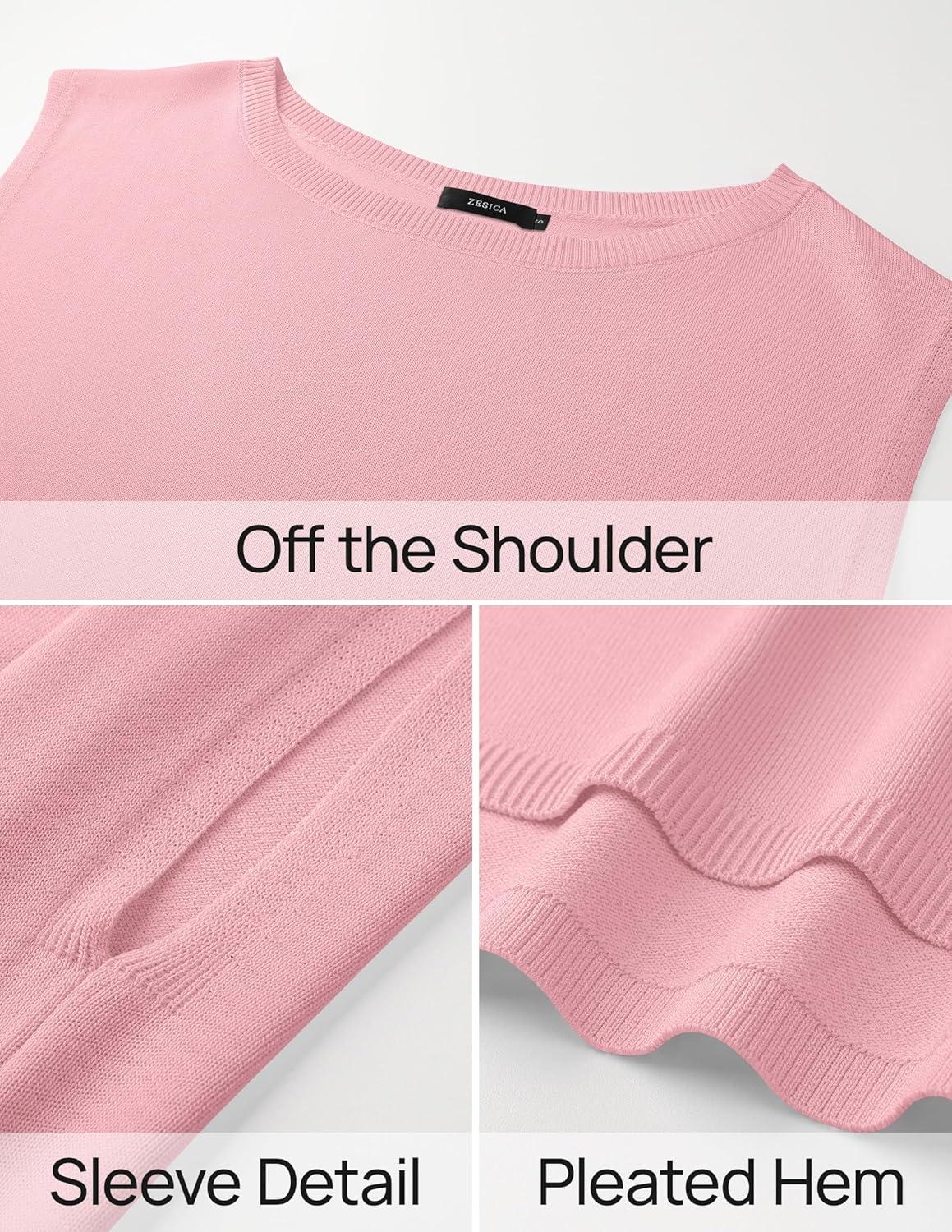 imageZESICA Womens Summer Off The Shoulder Knit Tops 2026 Casual Short Sleeve Oversized ShirtPink