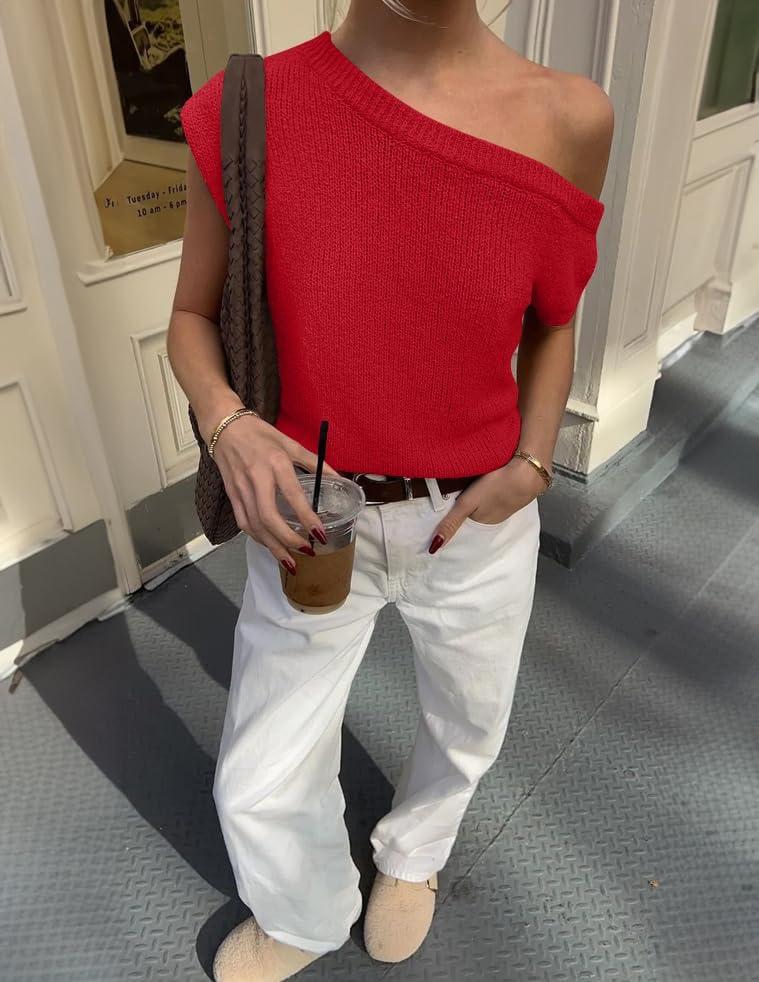 imageZESICA Womens Summer Off The Shoulder Knit Tops 2026 Casual Short Sleeve Oversized ShirtRed