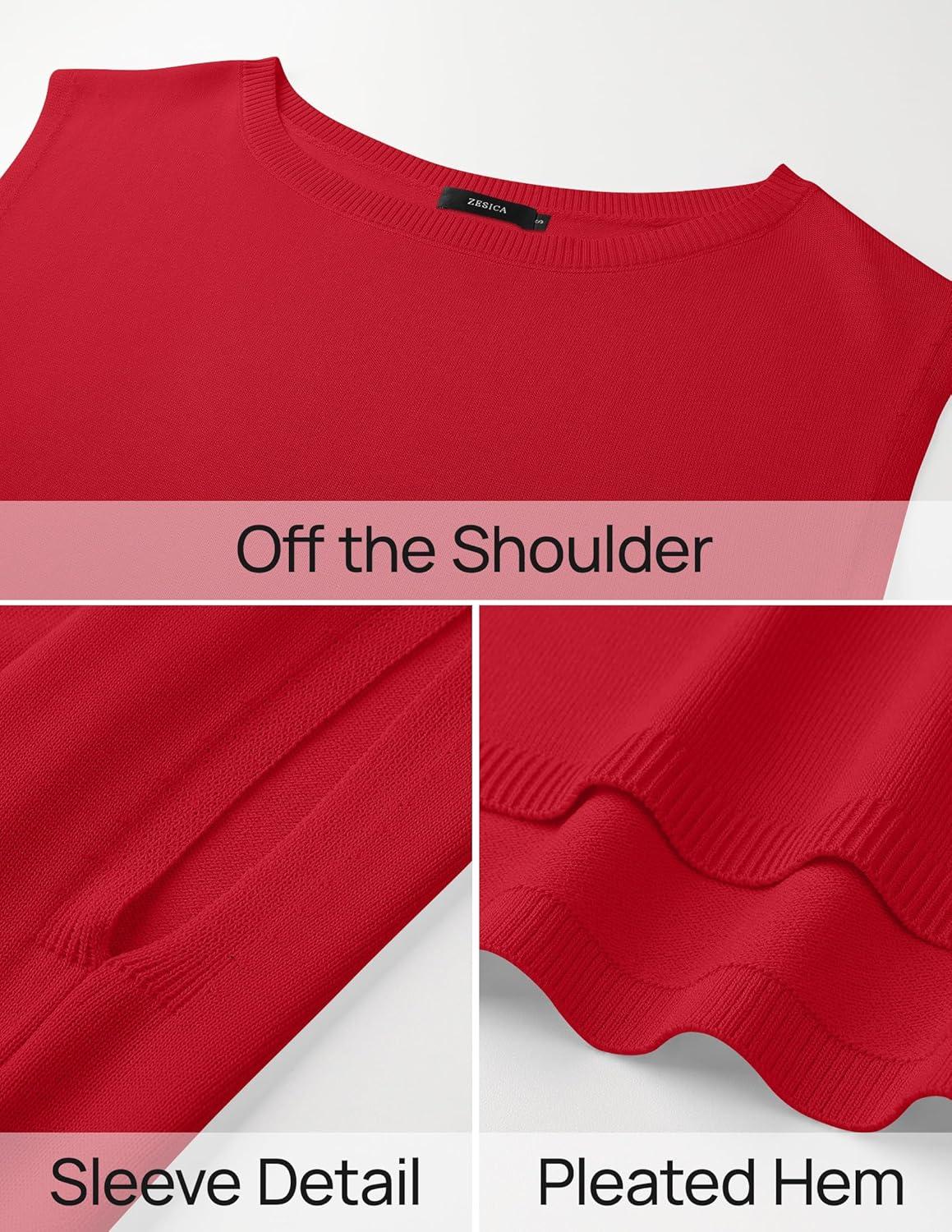 imageZESICA Womens Summer Off The Shoulder Knit Tops 2026 Casual Short Sleeve Oversized ShirtRed