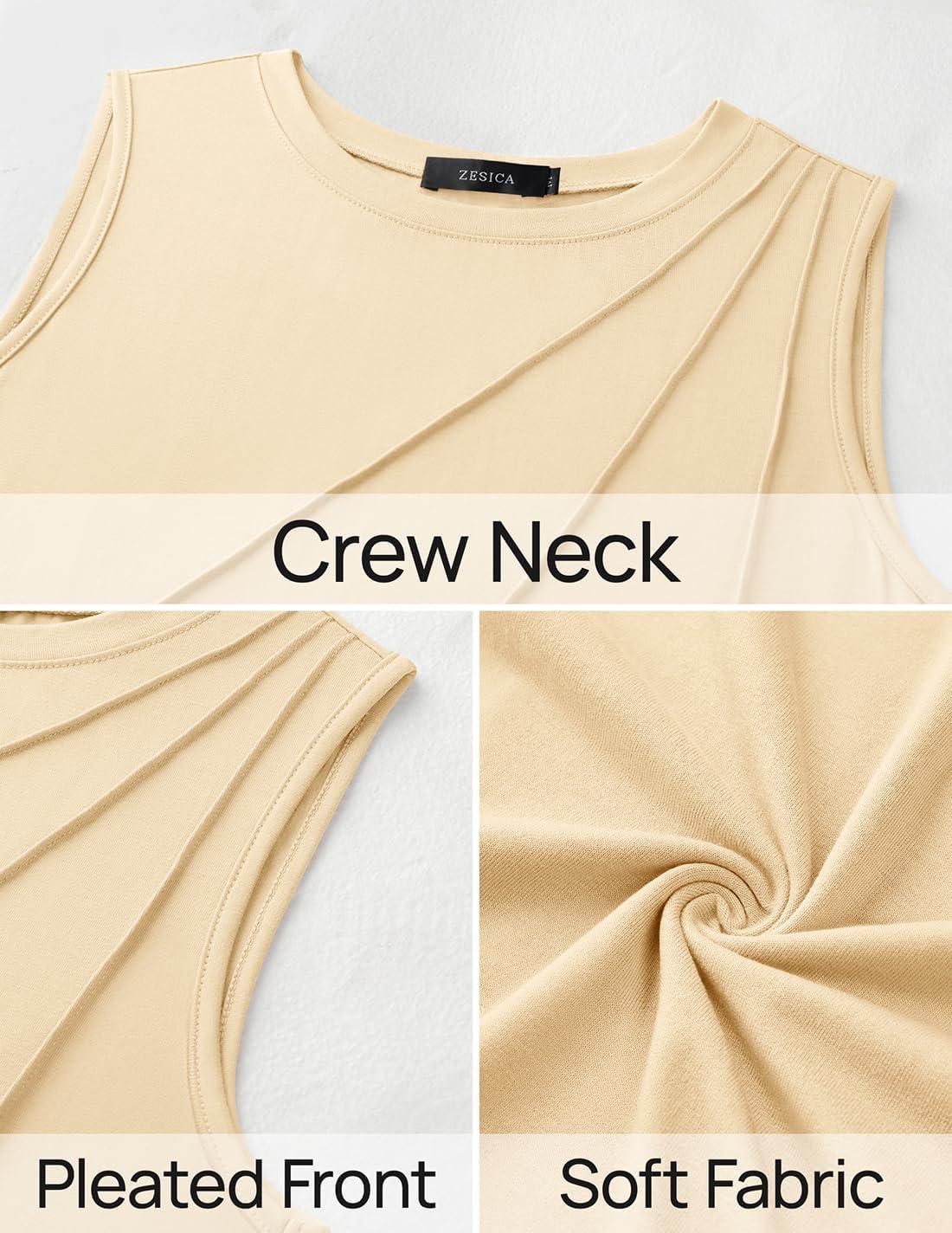 imageZESICA Womens Summer Pleated Tank Top Sleeveless Crewneck Business Casual Loose Tops Shirts 2026 Fashion Clothes OutfitsApricot