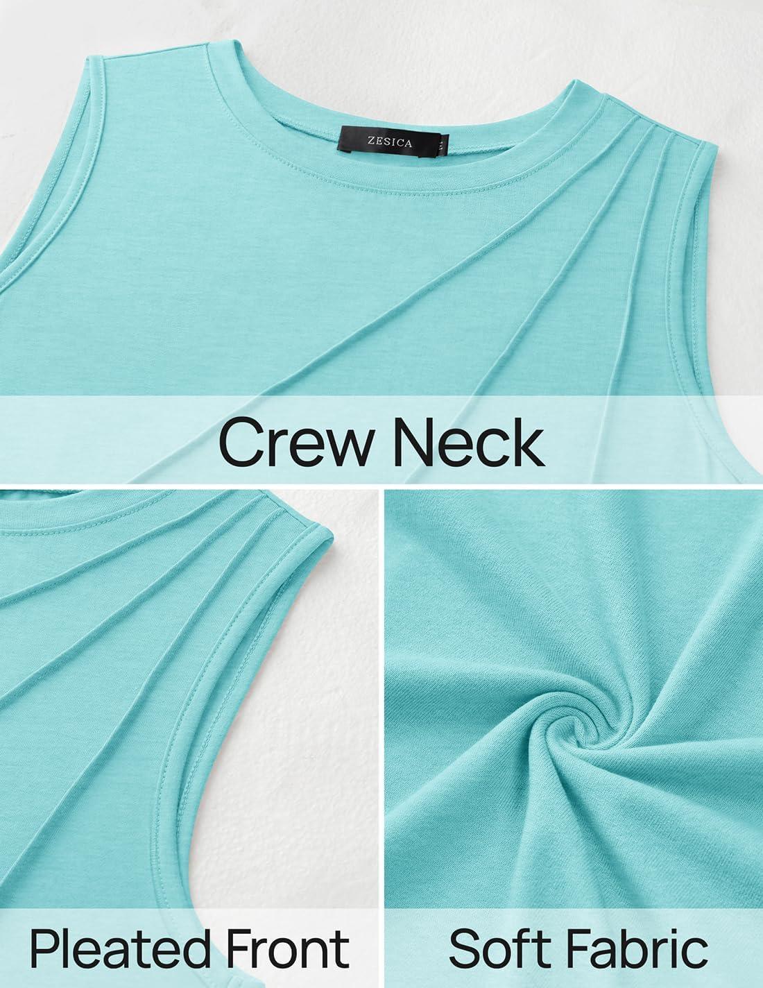 imageZESICA Womens Summer Pleated Tank Top Sleeveless Crewneck Business Casual Loose Tops Shirts 2026 Fashion Clothes OutfitsLakegreen