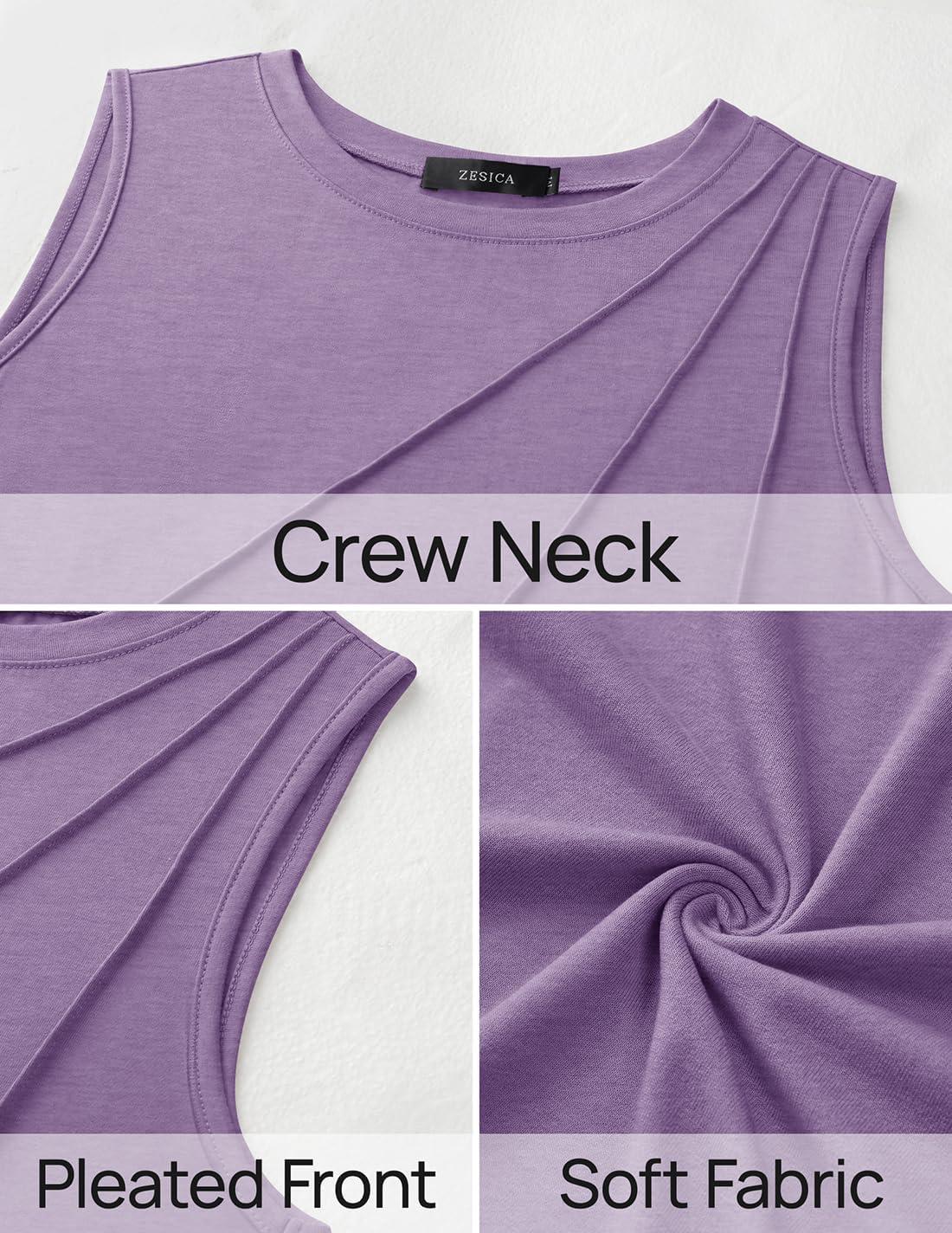 imageZESICA Womens Summer Pleated Tank Top Sleeveless Crewneck Business Casual Loose Tops Shirts 2026 Fashion Clothes OutfitsPurple