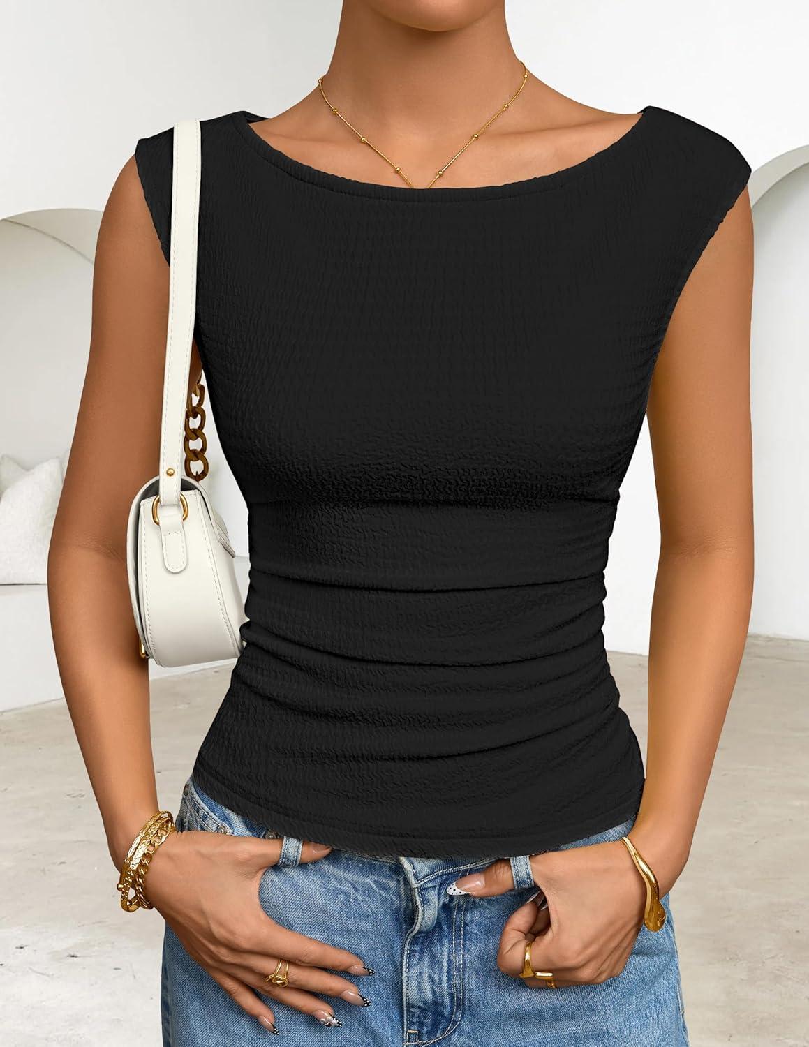 imageZESICA Womens Summer Ruched Trendy Tank Top 2026 Cap Sleeve Boat Neck Slim Fit Spring Tops Going Out Tee Shirts FashionBlack
