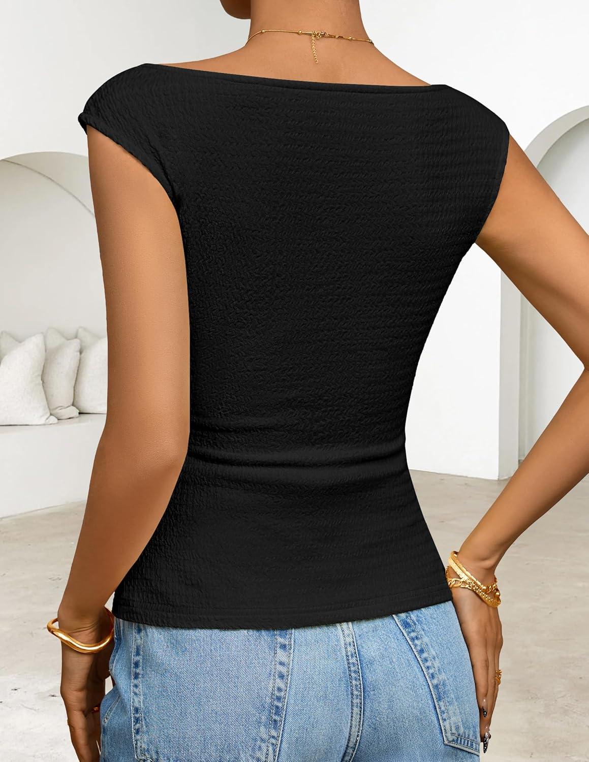 imageZESICA Womens Summer Ruched Trendy Tank Top 2026 Cap Sleeve Boat Neck Slim Fit Spring Tops Going Out Tee Shirts FashionBlack