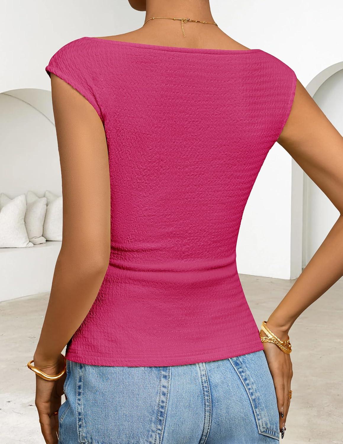 imageZESICA Womens Summer Ruched Trendy Tank Top 2026 Cap Sleeve Boat Neck Slim Fit Spring Tops Going Out Tee Shirts FashionRose
