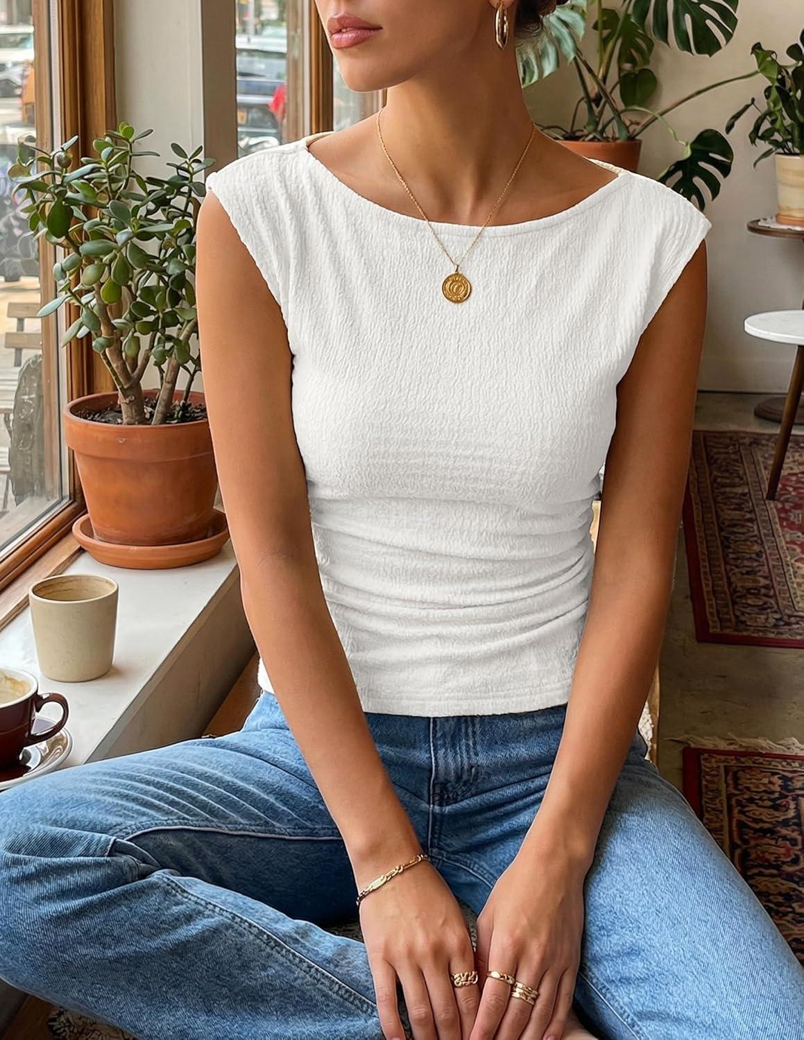 imageZESICA Womens Summer Ruched Trendy Tank Top 2026 Cap Sleeve Boat Neck Slim Fit Spring Tops Going Out Tee Shirts FashionWhite