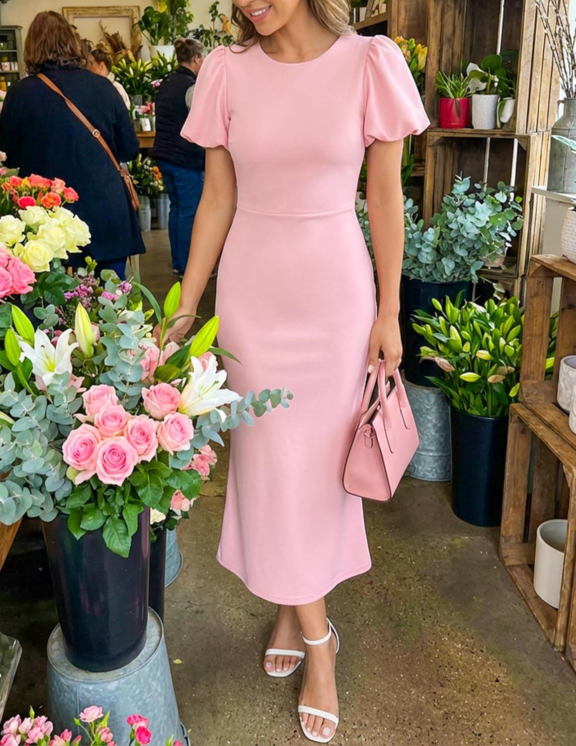imageZESICA Womens Summer Short Sleeve Bodycon Midi Dress 2026 Spring Elegant Formal Wedding Guest Cocktail Party DressesPink