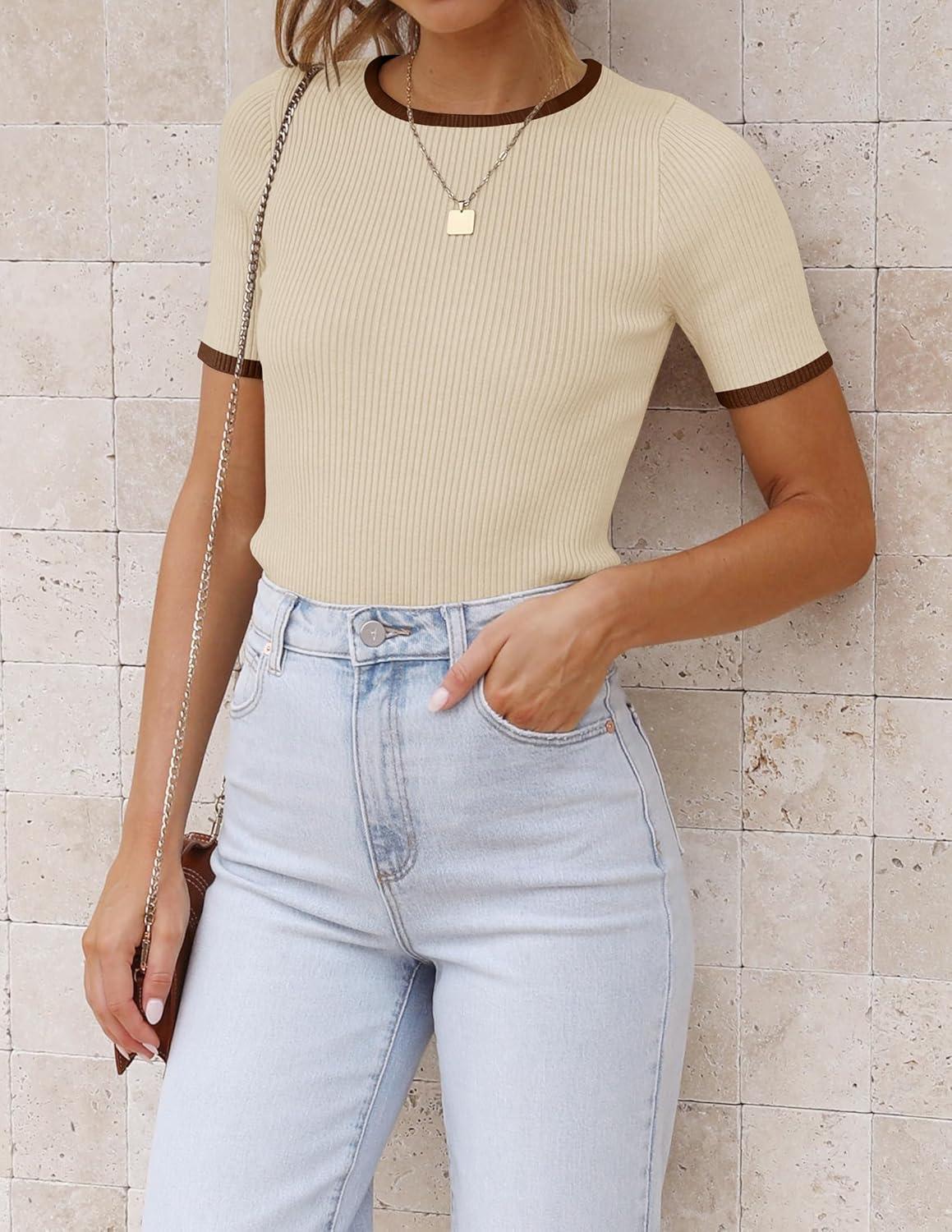 imageZESICA Womens Summer Short Sleeve Ribbed Knit Slim Fit T Shirt 2026 Crewneck Basic Casual Color Block Tee TopsApricot