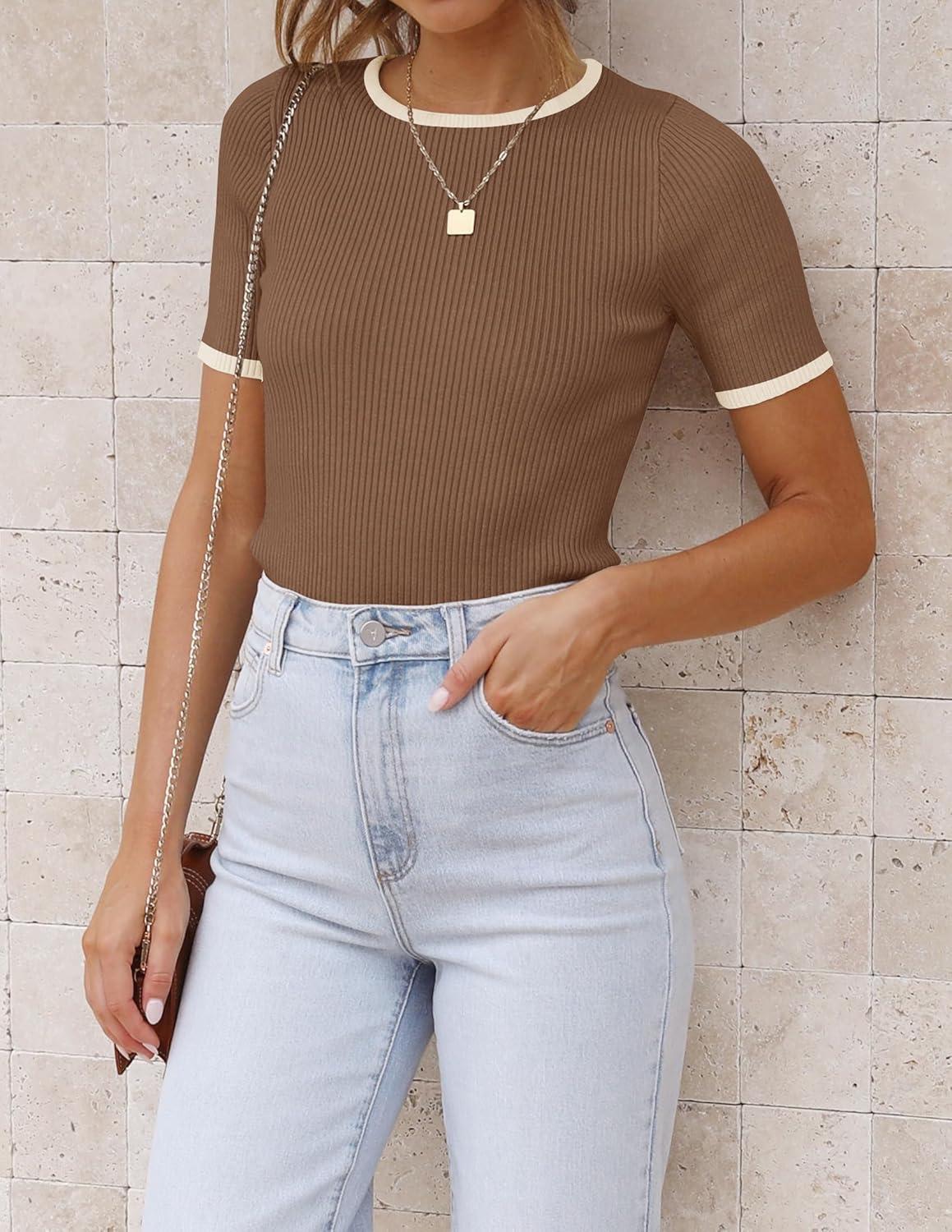 imageZESICA Womens Summer Short Sleeve Ribbed Knit Slim Fit T Shirt 2026 Crewneck Basic Casual Color Block Tee TopsBrown