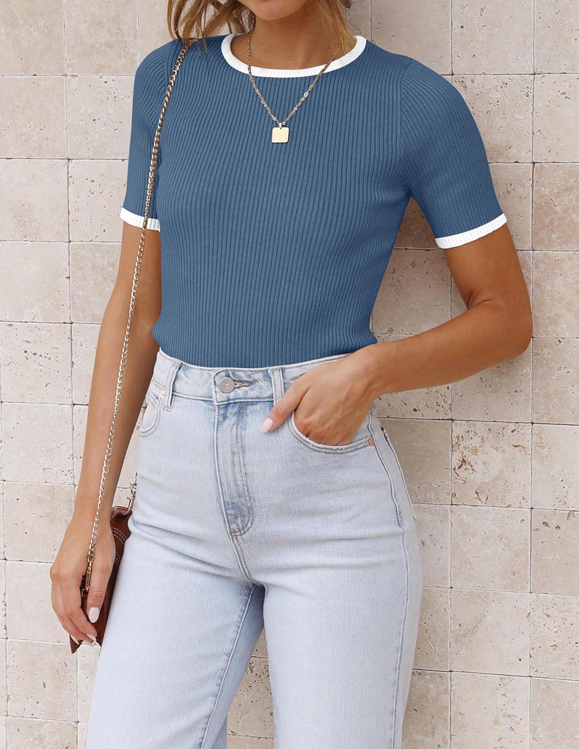 imageZESICA Womens Summer Short Sleeve Ribbed Knit Slim Fit T Shirt 2026 Crewneck Basic Casual Color Block Tee TopsGreyblue