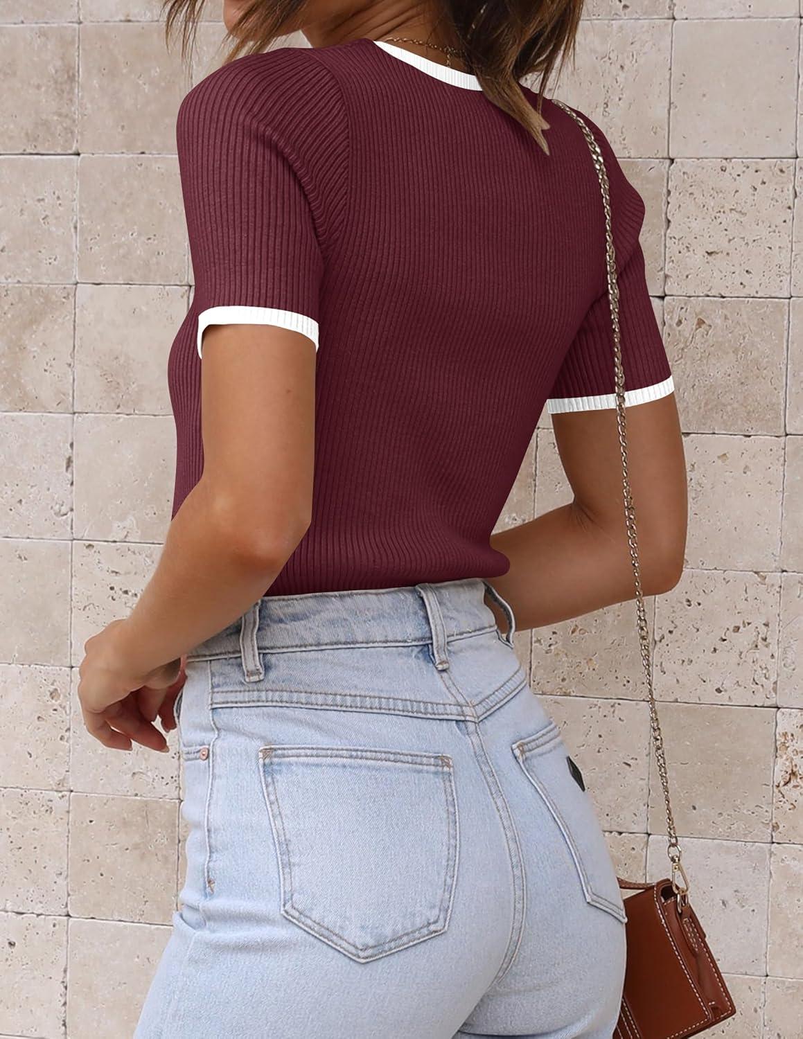imageZESICA Womens Summer Short Sleeve Ribbed Knit Slim Fit T Shirt 2026 Crewneck Basic Casual Color Block Tee TopsRedwine