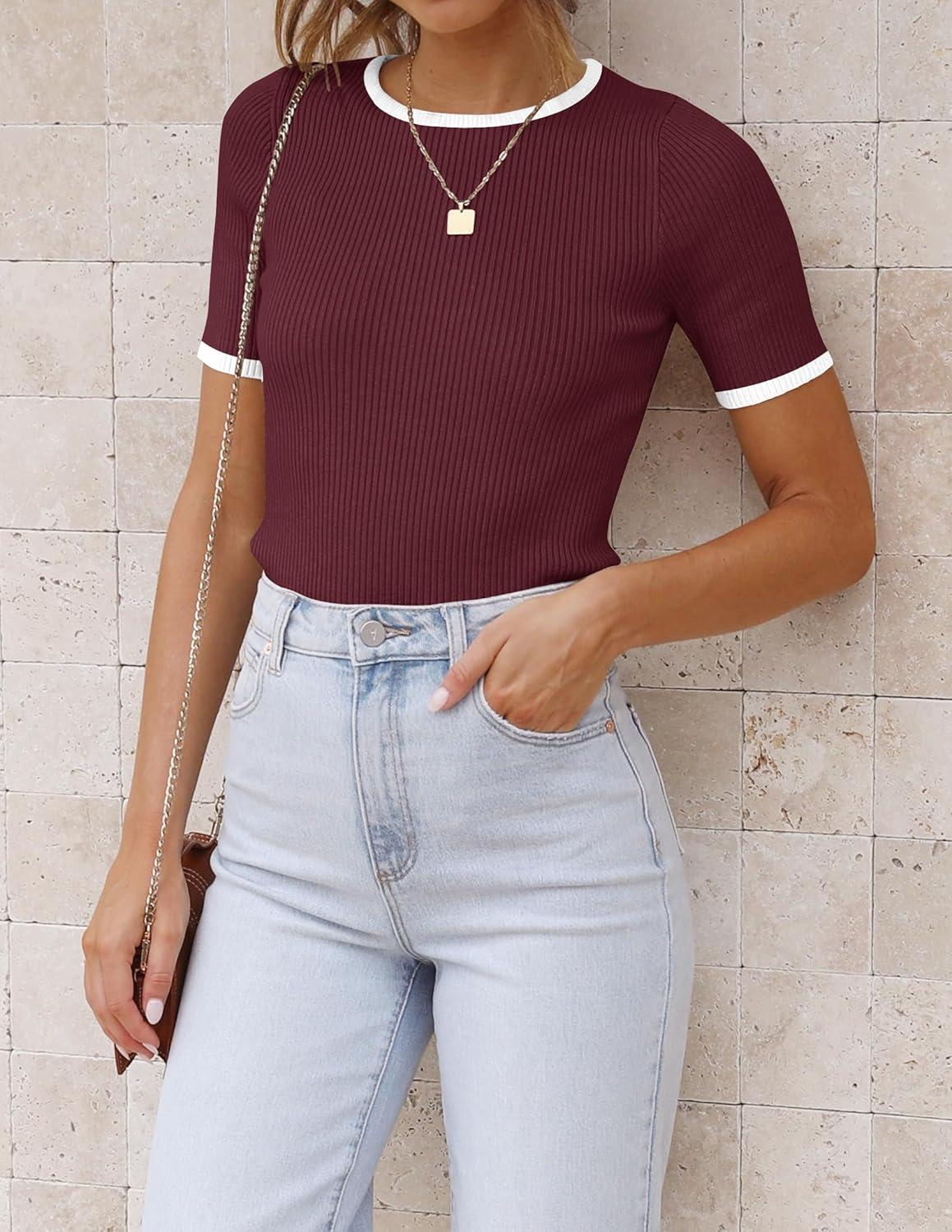 imageZESICA Womens Summer Short Sleeve Ribbed Knit Slim Fit T Shirt 2026 Crewneck Basic Casual Color Block Tee TopsRedwine