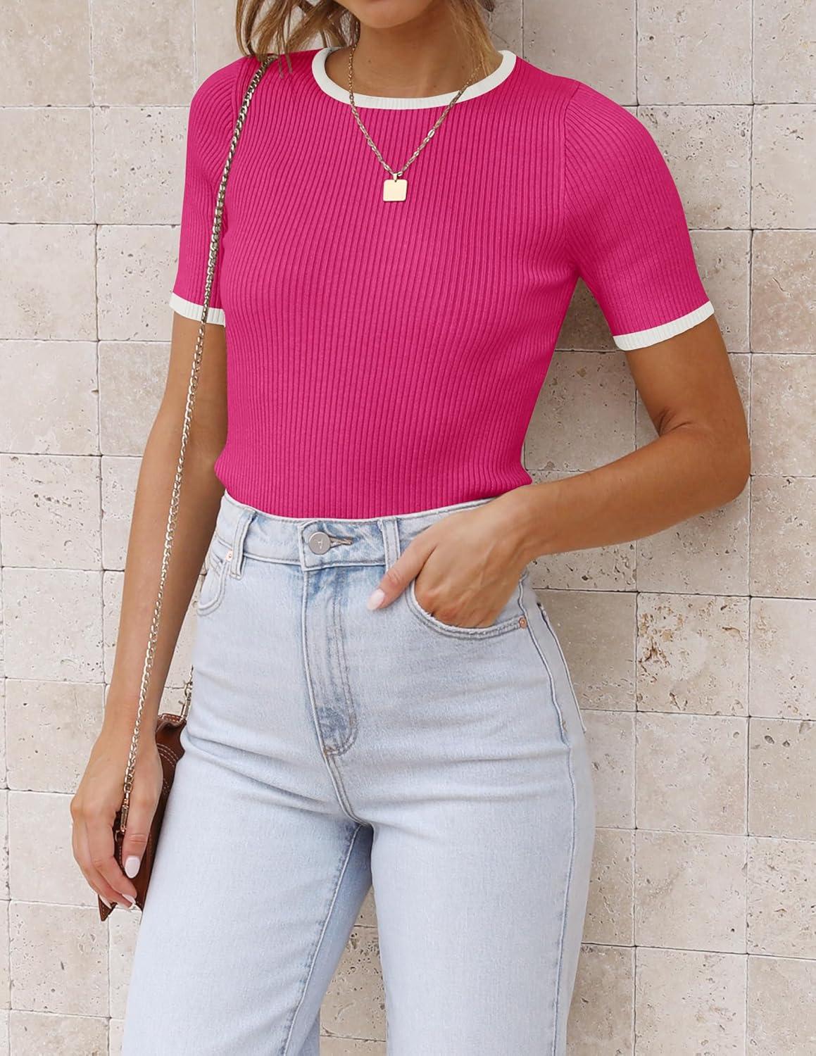 imageZESICA Womens Summer Short Sleeve Ribbed Knit Slim Fit T Shirt 2026 Crewneck Basic Casual Color Block Tee TopsRose
