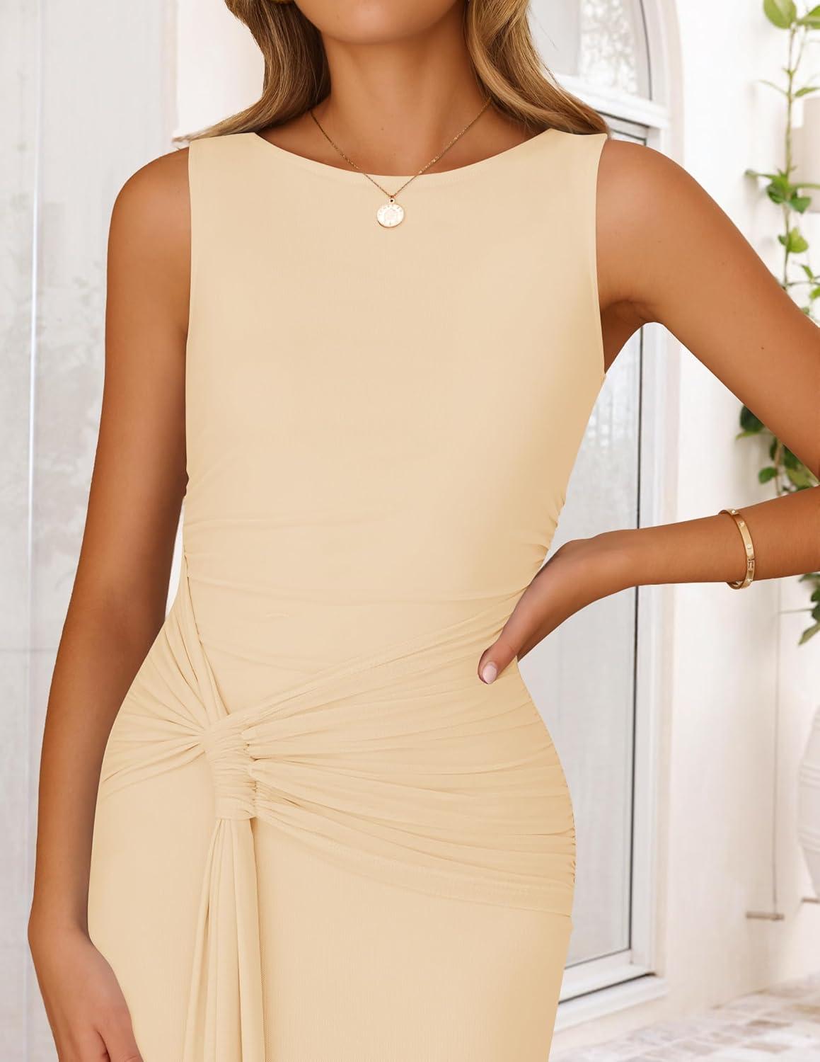 imageZESICA Womens Summer Sleeveless Bodycon Dress 2026 Crewneck Ruched Sexy Mesh Wedding Guest Cocktail Party Maxi DressesApricot