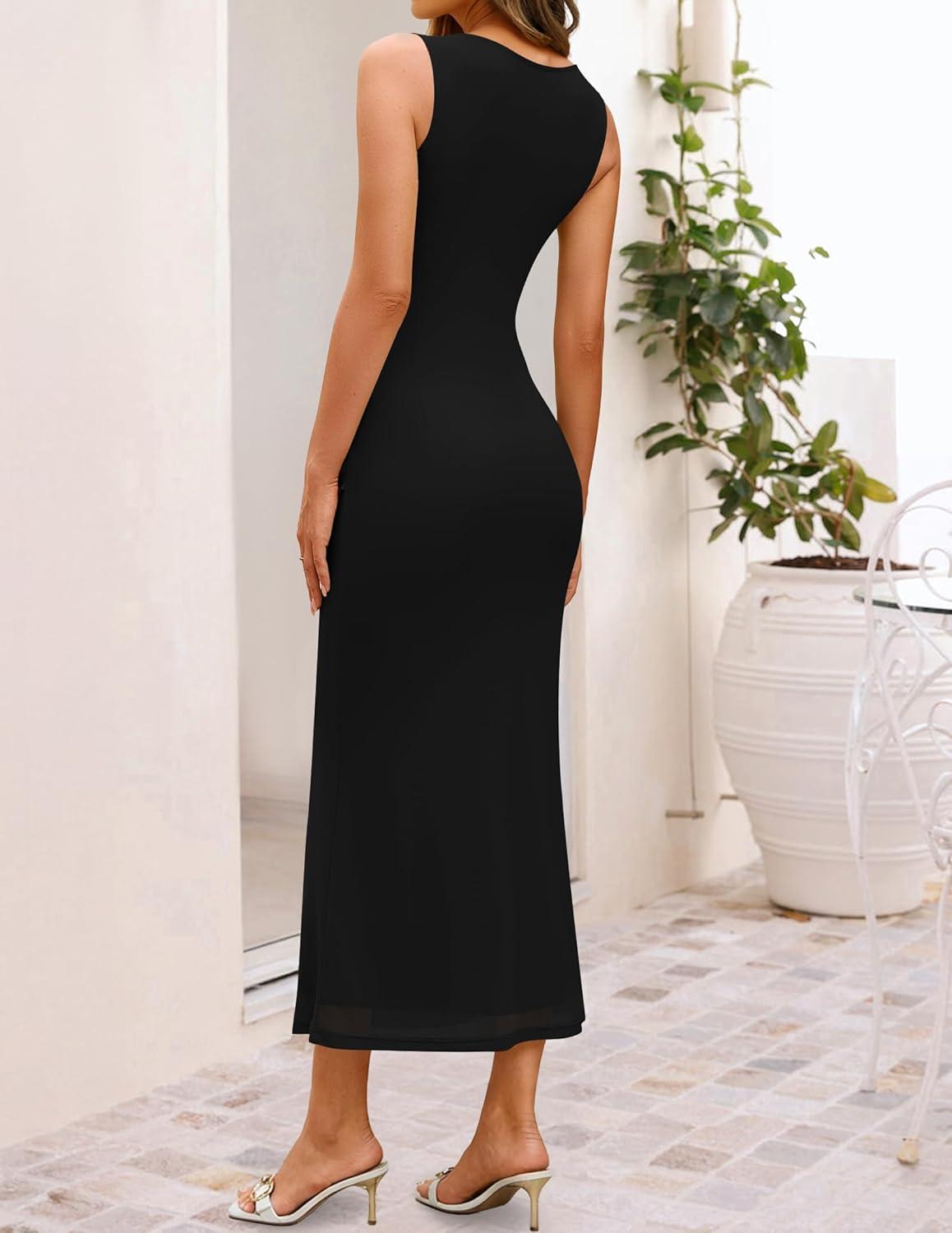 imageZESICA Womens Summer Sleeveless Bodycon Dress 2026 Crewneck Ruched Sexy Mesh Wedding Guest Cocktail Party Maxi DressesBlack
