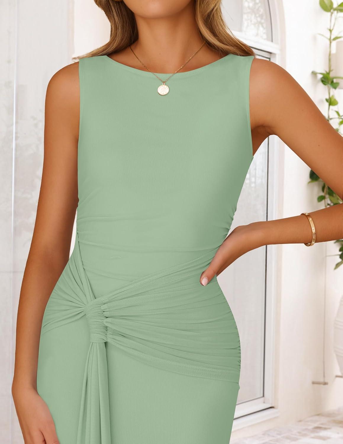 imageZESICA Womens Summer Sleeveless Bodycon Dress 2026 Crewneck Ruched Sexy Mesh Wedding Guest Cocktail Party Maxi DressesSage