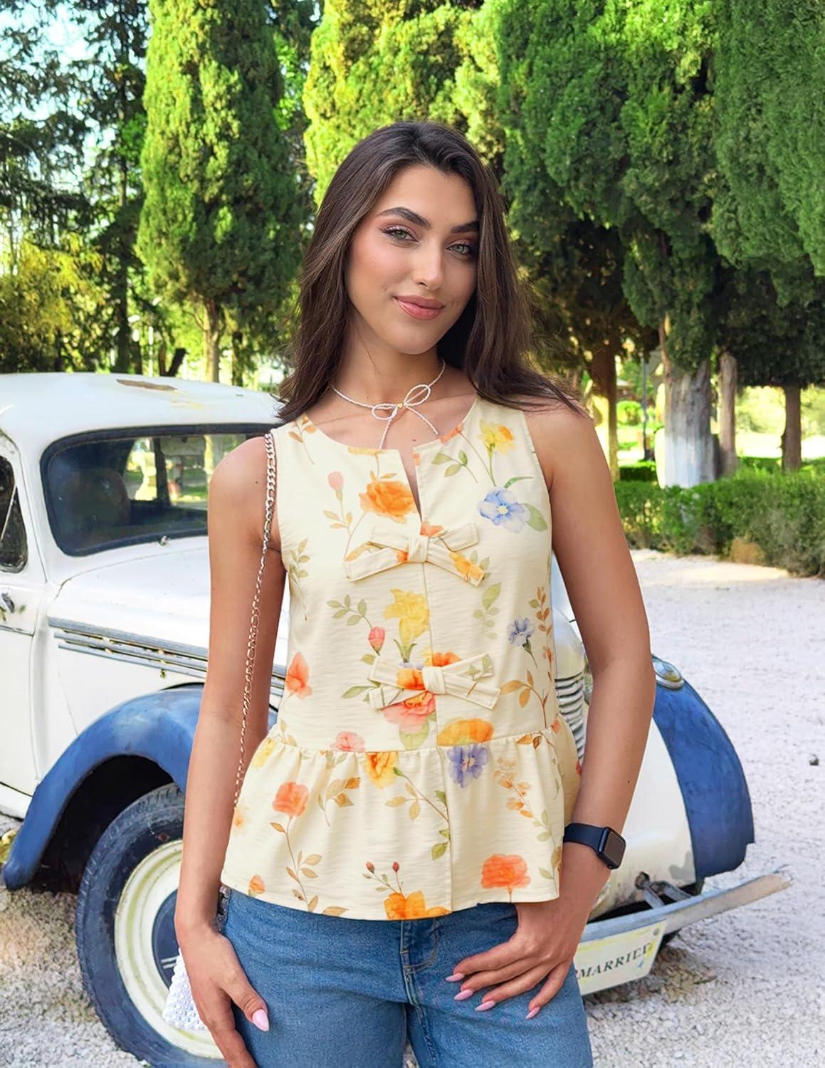 imageZESICA Womens Summer Sleeveless Gingham Tank Tops 2026 Crewneck Tie Front Top Loose Ruffle Peplum Babydoll BlousesApricot