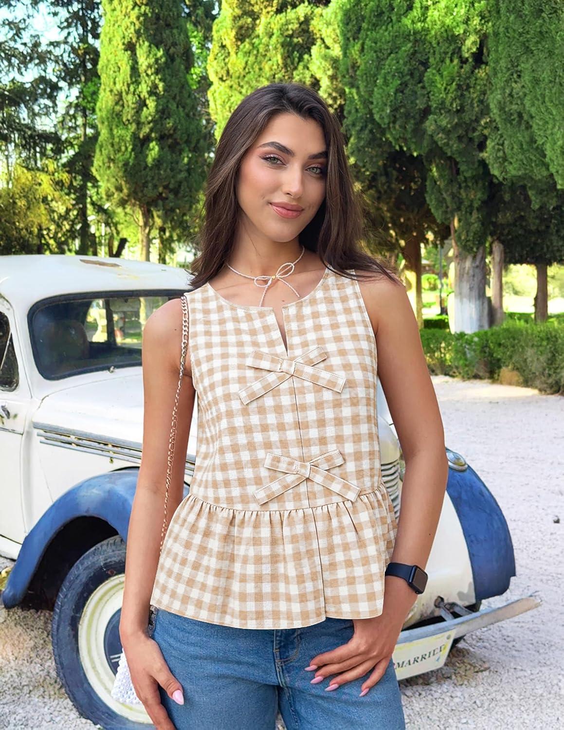 imageZESICA Womens Summer Sleeveless Gingham Tank Tops 2026 Crewneck Tie Front Top Loose Ruffle Peplum Babydoll BlousesBeige