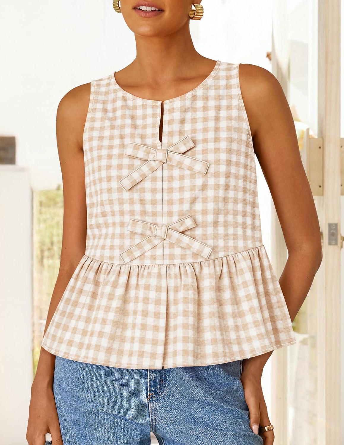 imageZESICA Womens Summer Sleeveless Gingham Tank Tops 2026 Crewneck Tie Front Top Loose Ruffle Peplum Babydoll BlousesBeige