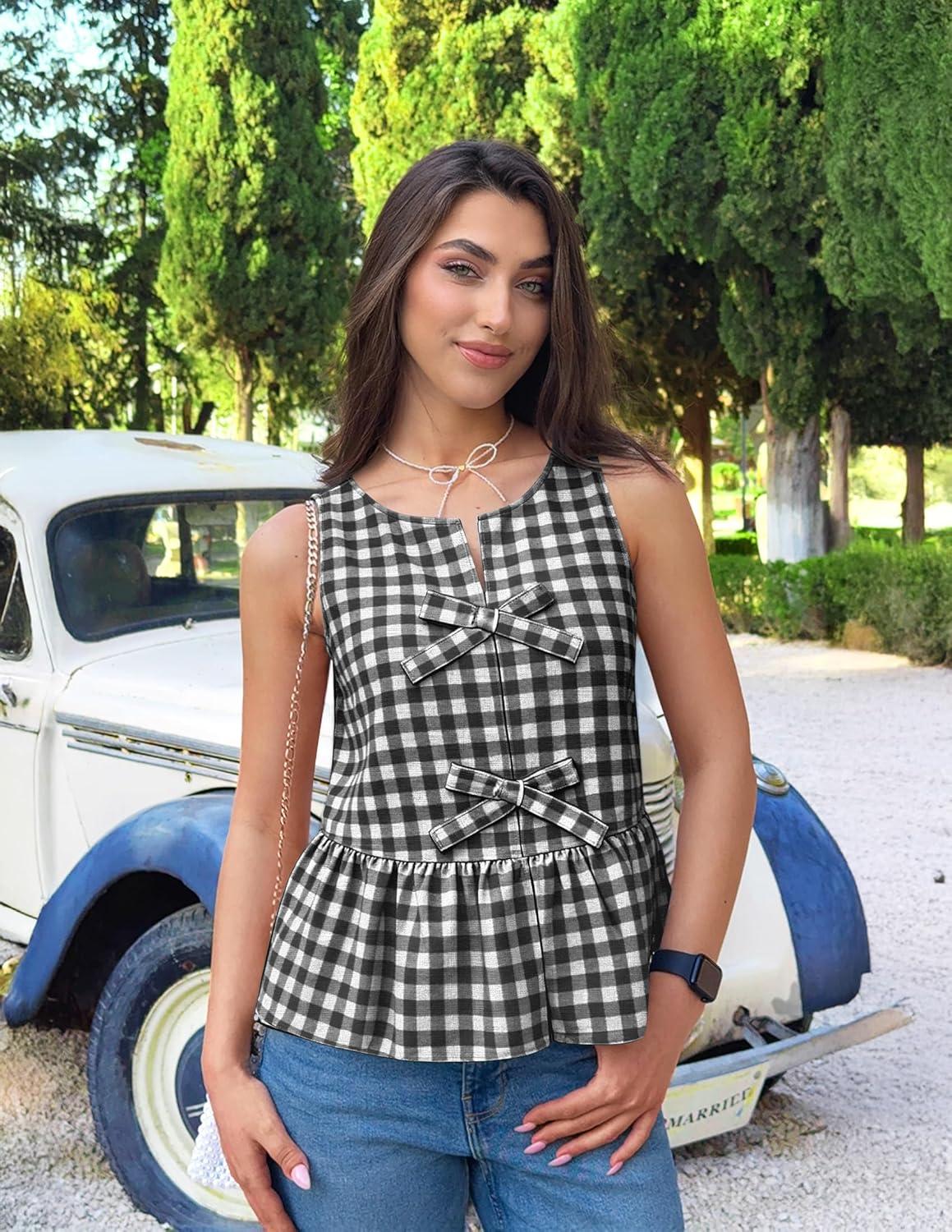 imageZESICA Womens Summer Sleeveless Gingham Tank Tops 2026 Crewneck Tie Front Top Loose Ruffle Peplum Babydoll BlousesBlack