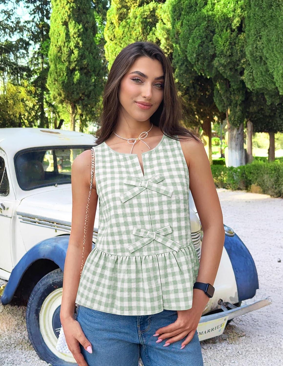 imageZESICA Womens Summer Sleeveless Gingham Tank Tops 2026 Crewneck Tie Front Top Loose Ruffle Peplum Babydoll BlousesGreen