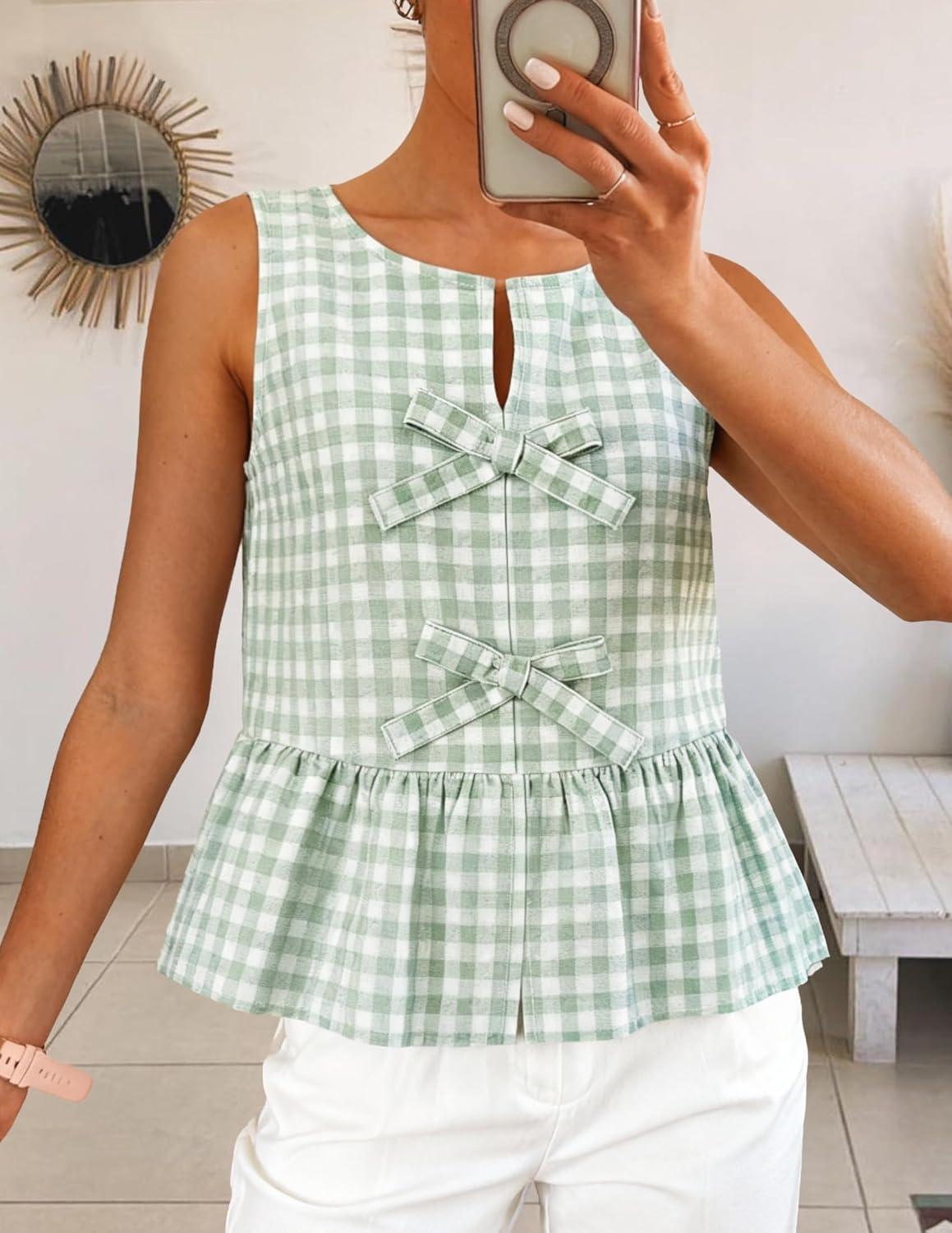imageZESICA Womens Summer Sleeveless Gingham Tank Tops 2026 Crewneck Tie Front Top Loose Ruffle Peplum Babydoll BlousesGreen