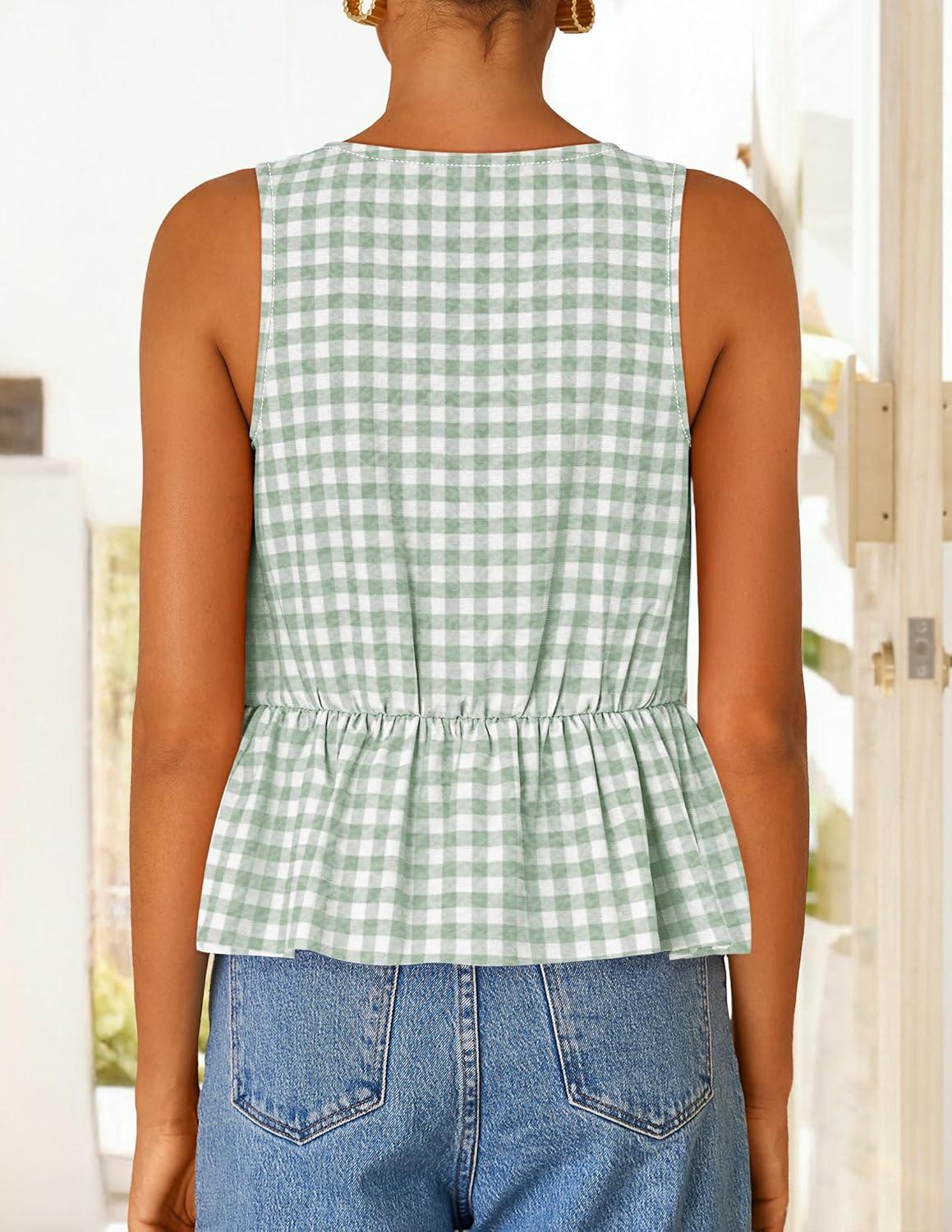 imageZESICA Womens Summer Sleeveless Gingham Tank Tops 2026 Crewneck Tie Front Top Loose Ruffle Peplum Babydoll BlousesGreen