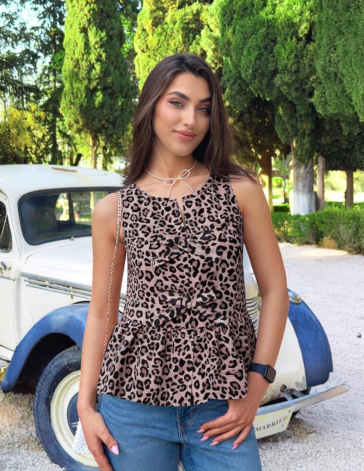 imageZESICA Womens Summer Sleeveless Gingham Tank Tops 2026 Crewneck Tie Front Top Loose Ruffle Peplum Babydoll BlousesLeopard