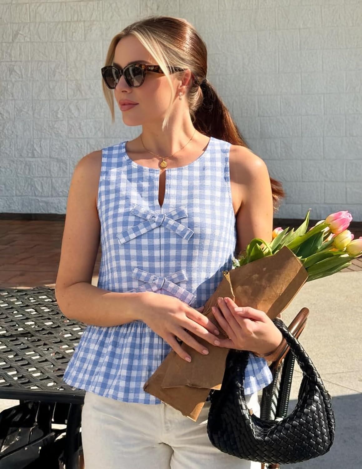 imageZESICA Womens Summer Sleeveless Gingham Tank Tops 2026 Crewneck Tie Front Top Loose Ruffle Peplum Babydoll BlousesLightblue
