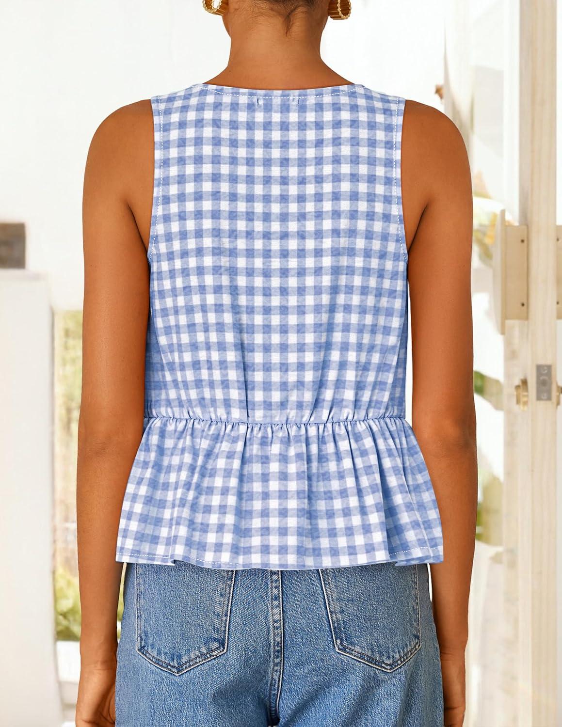 imageZESICA Womens Summer Sleeveless Gingham Tank Tops 2026 Crewneck Tie Front Top Loose Ruffle Peplum Babydoll BlousesLightblue