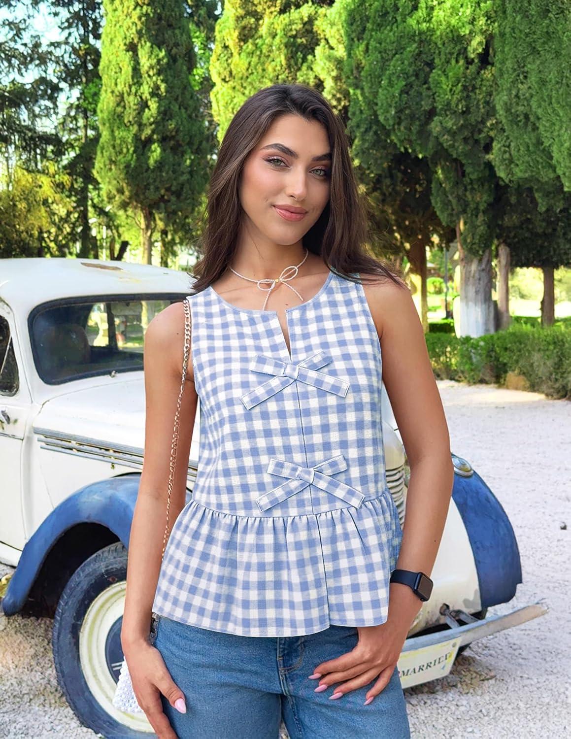 imageZESICA Womens Summer Sleeveless Gingham Tank Tops 2026 Crewneck Tie Front Top Loose Ruffle Peplum Babydoll BlousesLightblue