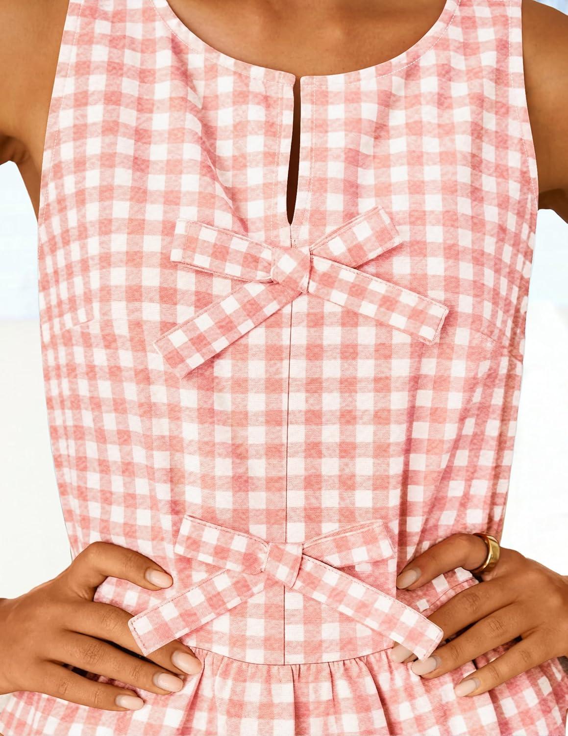 imageZESICA Womens Summer Sleeveless Gingham Tank Tops 2026 Crewneck Tie Front Top Loose Ruffle Peplum Babydoll BlousesPink