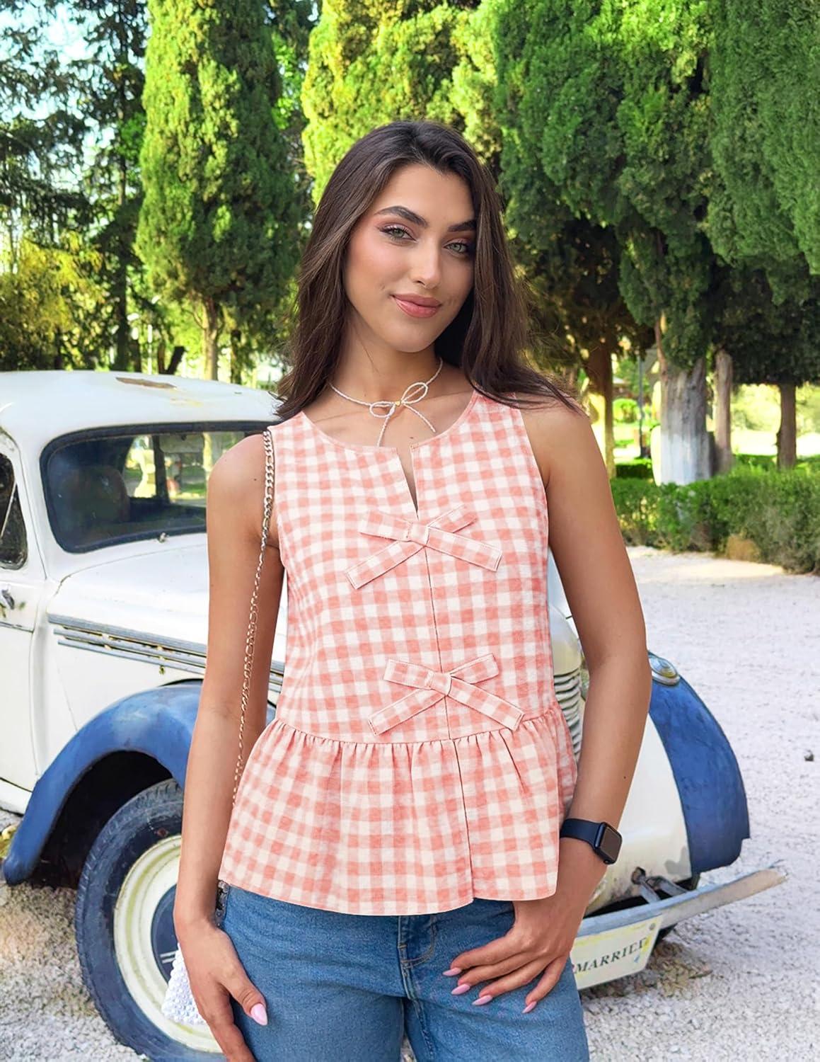 imageZESICA Womens Summer Sleeveless Gingham Tank Tops 2026 Crewneck Tie Front Top Loose Ruffle Peplum Babydoll BlousesPink