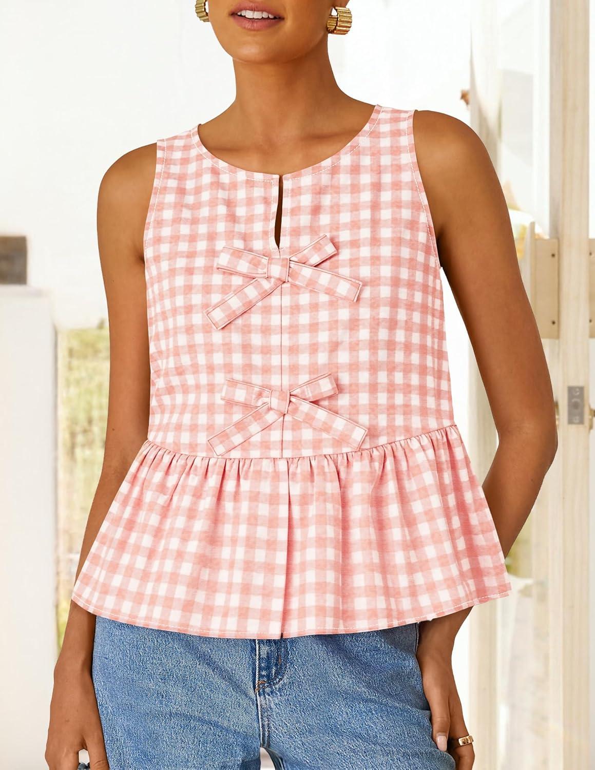imageZESICA Womens Summer Sleeveless Gingham Tank Tops 2026 Crewneck Tie Front Top Loose Ruffle Peplum Babydoll BlousesPink