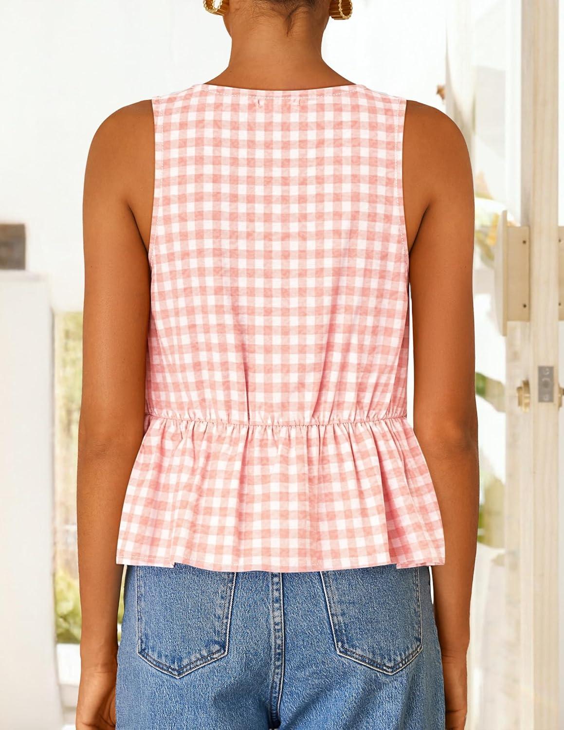 imageZESICA Womens Summer Sleeveless Gingham Tank Tops 2026 Crewneck Tie Front Top Loose Ruffle Peplum Babydoll BlousesPink