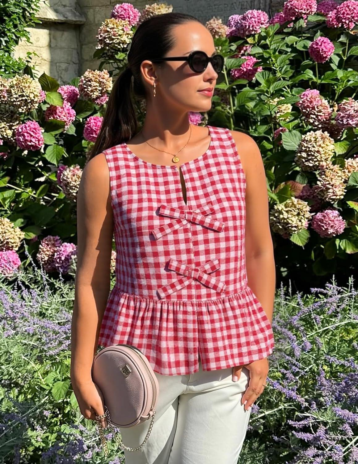 imageZESICA Womens Summer Sleeveless Gingham Tank Tops 2026 Crewneck Tie Front Top Loose Ruffle Peplum Babydoll BlousesRed