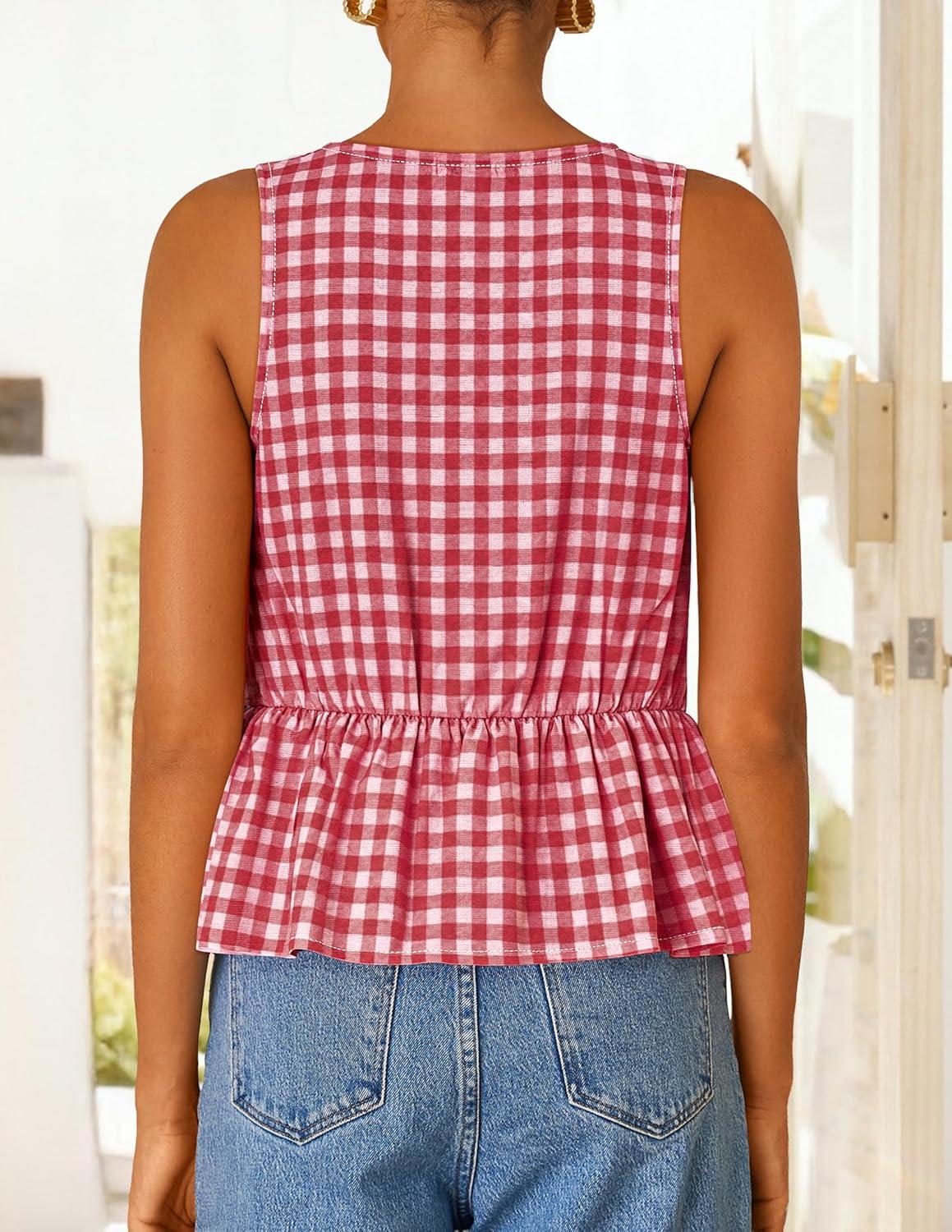 imageZESICA Womens Summer Sleeveless Gingham Tank Tops 2026 Crewneck Tie Front Top Loose Ruffle Peplum Babydoll BlousesRed