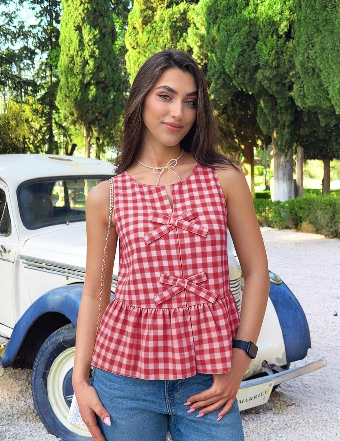 imageZESICA Womens Summer Sleeveless Gingham Tank Tops 2026 Crewneck Tie Front Top Loose Ruffle Peplum Babydoll BlousesRed