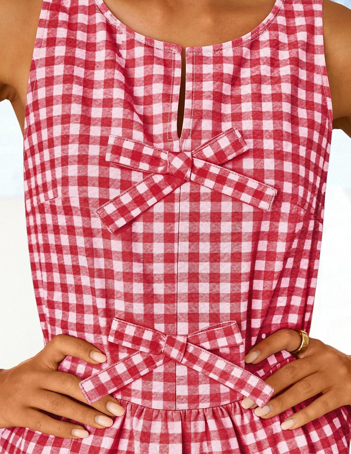 imageZESICA Womens Summer Sleeveless Gingham Tank Tops 2026 Crewneck Tie Front Top Loose Ruffle Peplum Babydoll BlousesRed