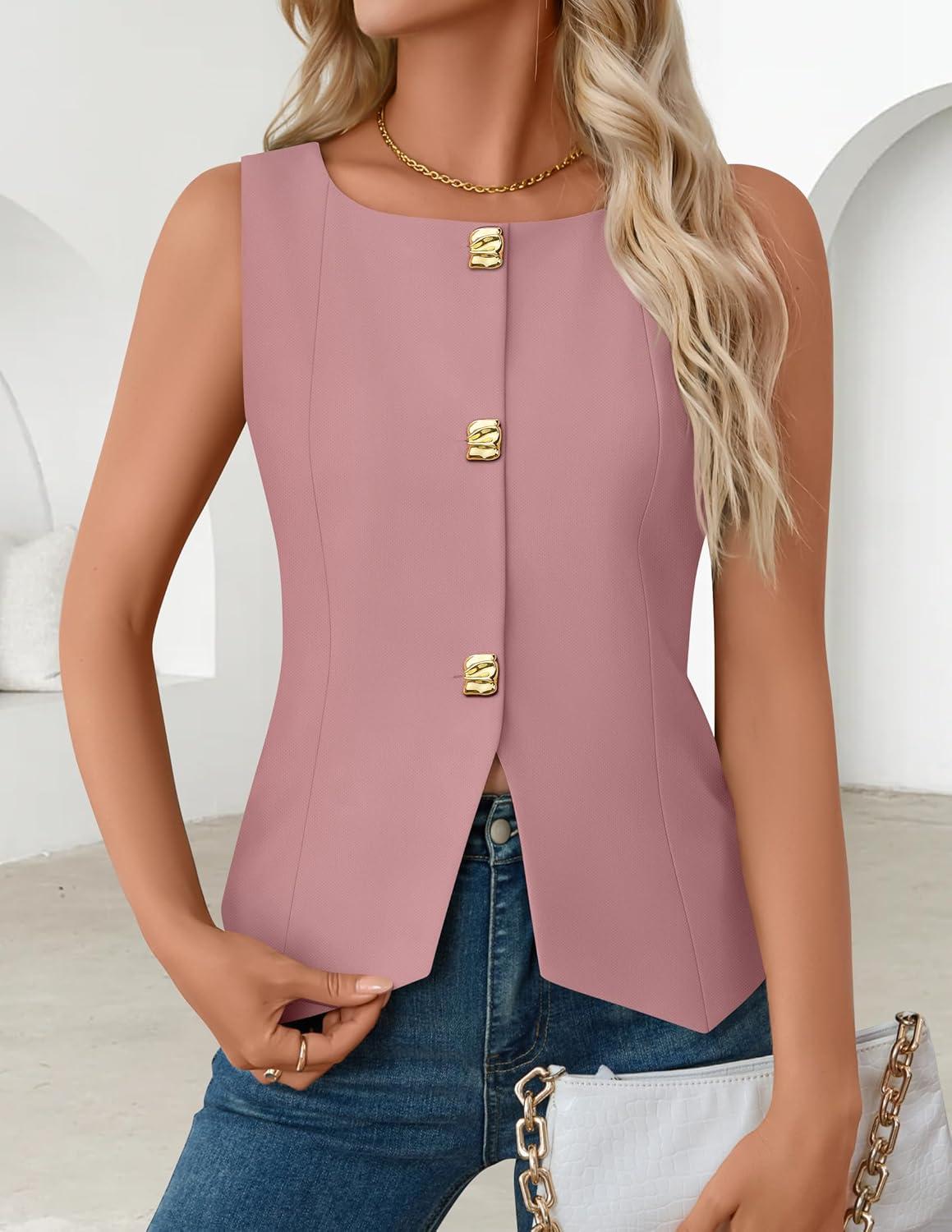 imageZESICA Womens Summer Sleeveless Suit Vest 2026 Boat Neck Button Down Formal Vest Tops Casual Trendy Work Blazer WaistcoatPink