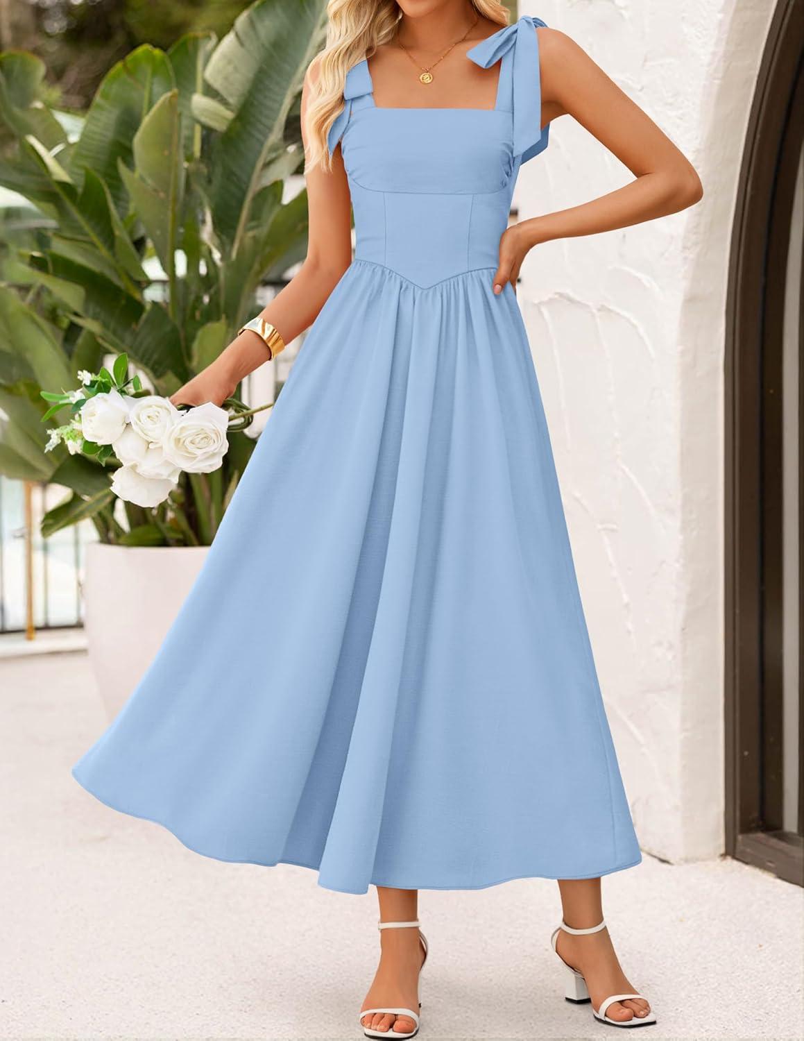 imageZESICA Womens Summer Spaghetti Strap Maxi Dress 2026 Tie Shoulder Square Neck Flowy Wedding Guest Party Beach Long DressesBlue