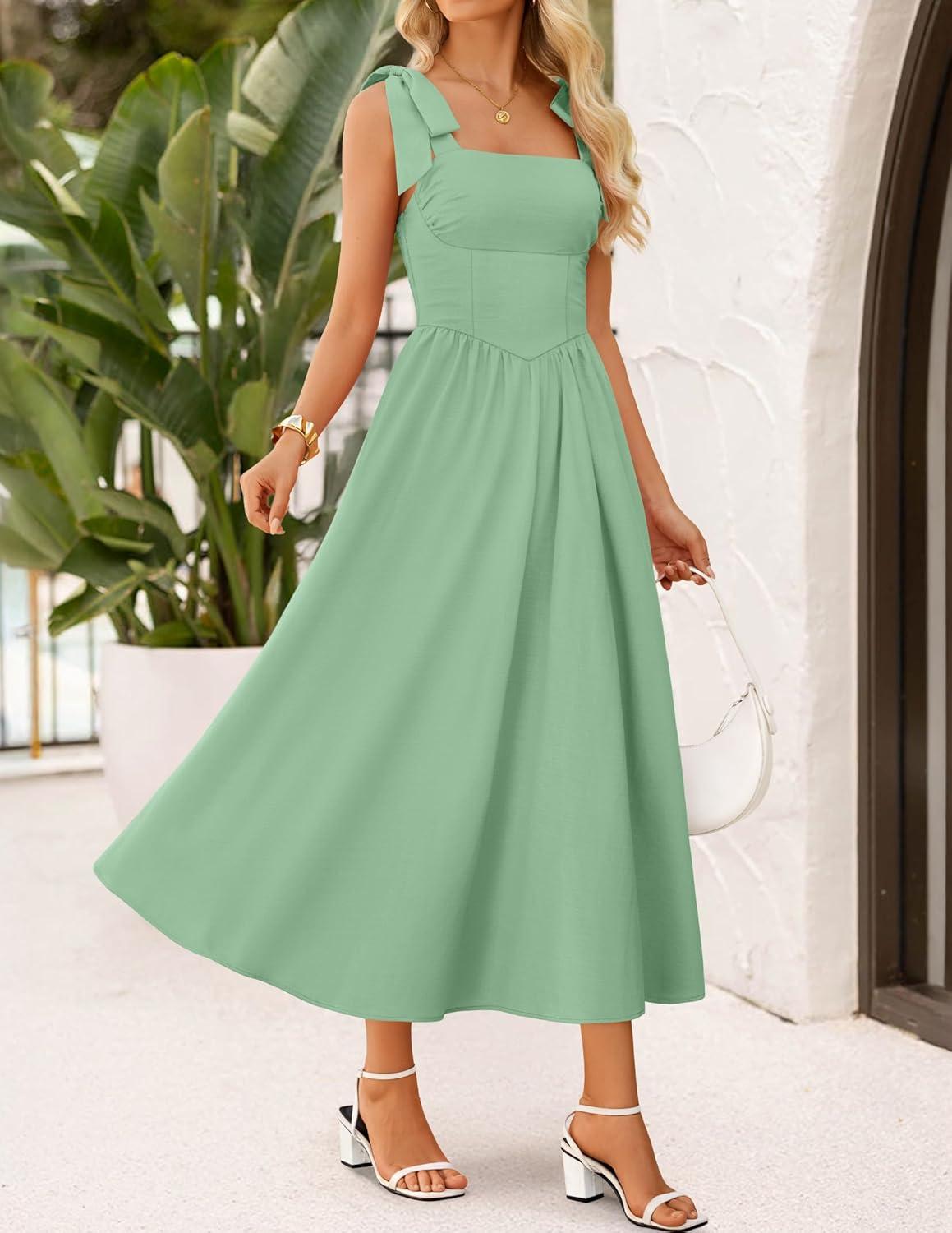 imageZESICA Womens Summer Spaghetti Strap Maxi Dress 2026 Tie Shoulder Square Neck Flowy Wedding Guest Party Beach Long DressesGreen