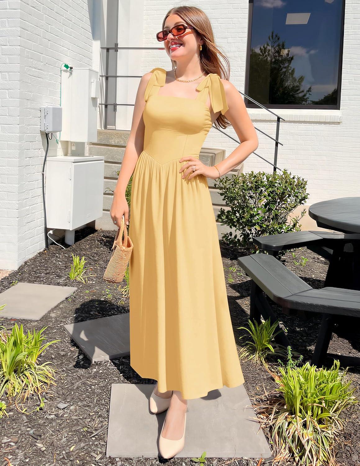 imageZESICA Womens Summer Spaghetti Strap Maxi Dress 2026 Tie Shoulder Square Neck Flowy Wedding Guest Party Beach Long DressesYellow