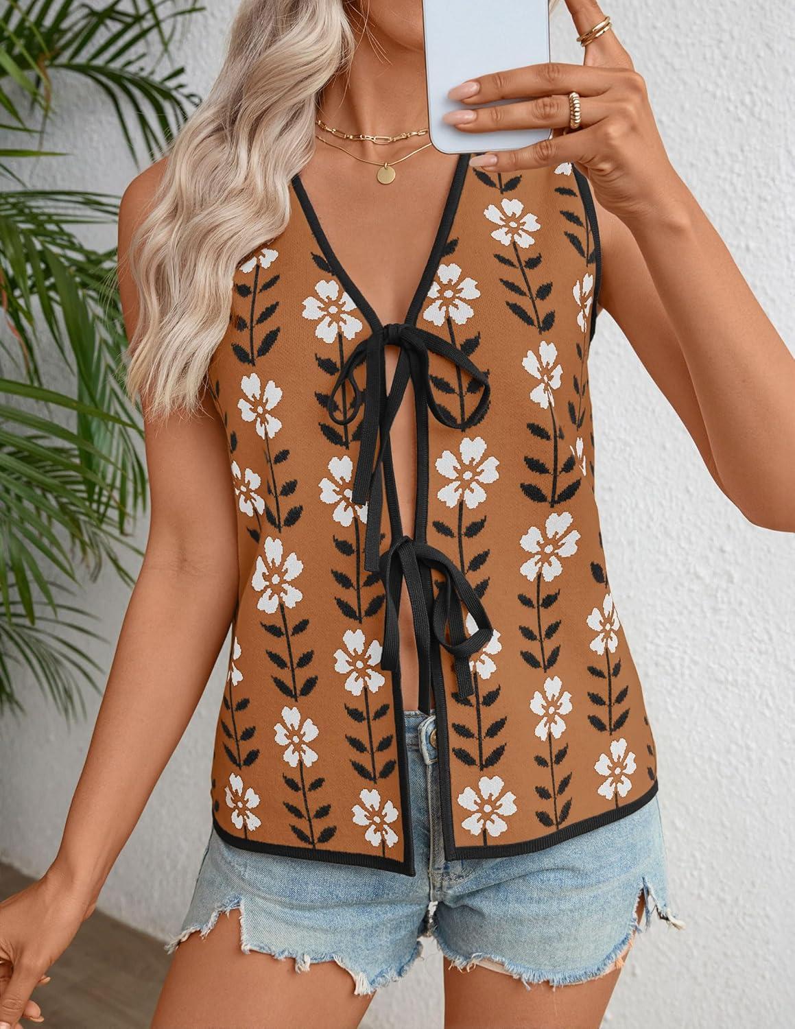 imageZESICA Womens Tie Front Sweater Vest Summer Print Sleeveless Knit Y2k Tank Tops 2026 Trendy Clothes OutfitsCaramel